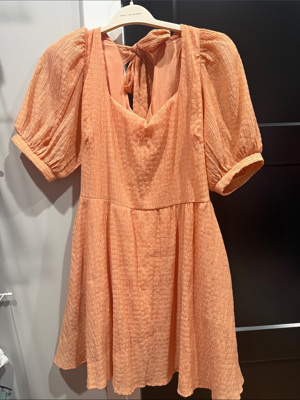 mittoshop Peach Textured Puff Sleeve Tie-Back Mini Dress